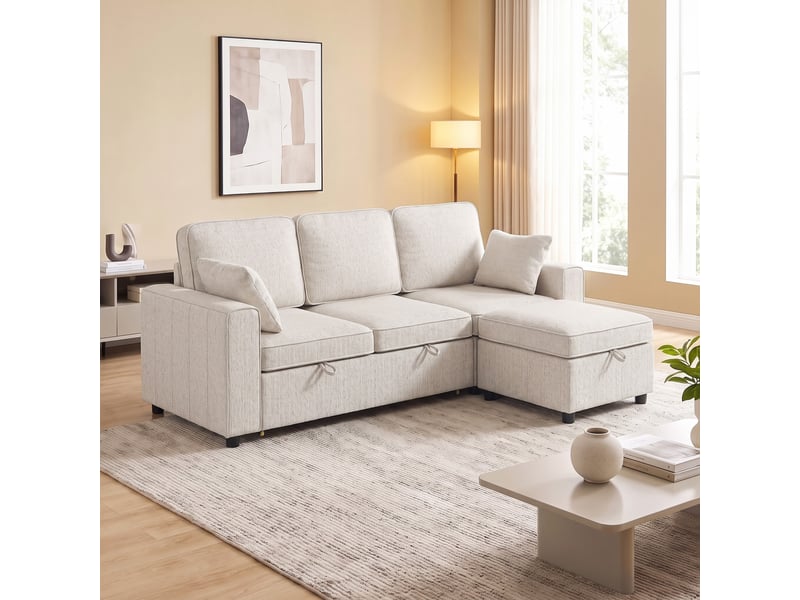 Canapé d'angle convertible en chenille, beige, canapé-lit 3 places modulaire 225 cm avec pouf de rangement - Conforama A