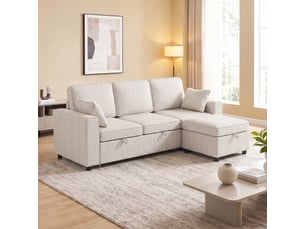 Canapé d'angle convertible en chenille, beige, canapé-lit 3 places modulaire 225 cm avec pouf de rangement