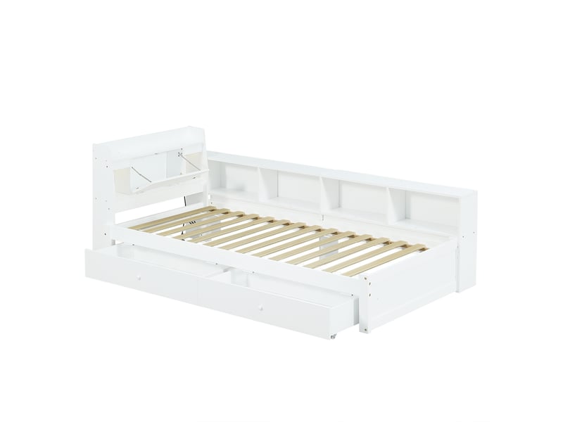  Lit simple, lit à panneaux, tête de lit avec compartiment de rangement et 2 lampes, prise de recharge, placards et tiroirs latéraux, pin, panneaux de particules et mdf, blanc, 90 x 200 cm  - Conforama D