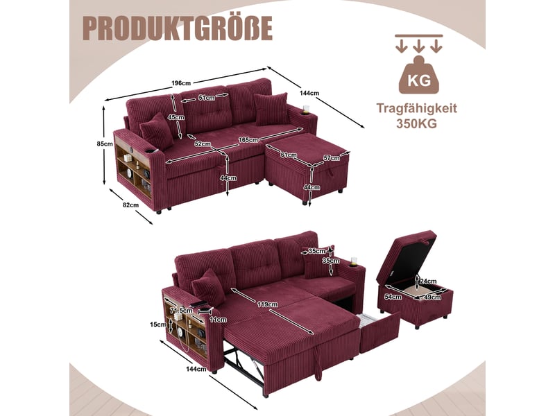  Canapé de salon, canapé velours – en velours tricoté, avec accoudoirs, port usb, avec rangement, lit gigogne, porte-gobelets  - Conforama R