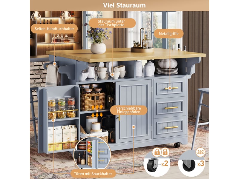 Îlot de cuisine mobile 120x40x95 cm avec plateau extensible, rangement, tiroirs, portes à motifs verticaux et table repas escamotable - bleu - Conforama E