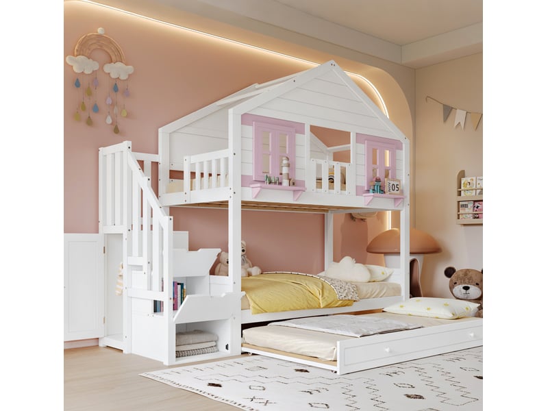  Lit superposé enfant 90x200 cm avec lit gigogne, escalier de rangement 3 marches, penderie latérale, fenêtres décoratives et toit, sommier à lattes stable, structure en pin, mdf et contreplaqué, blanc et rose  - Conforama E
