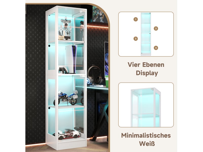 Vitrine led avec porte en verre, 4 niveaux, 40 x 35 x 170 cm, mdf blanc - Conforama W