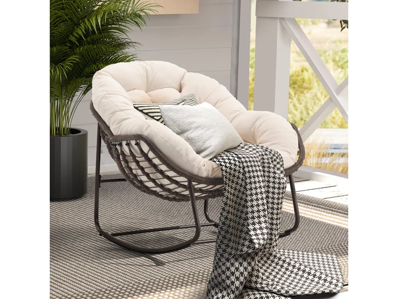  Cocon - fauteuil à bascule en rotin naturel - forme œuf et coussin blanc crème - confortable pour salon, véranda ou chambre  - Conforama B
