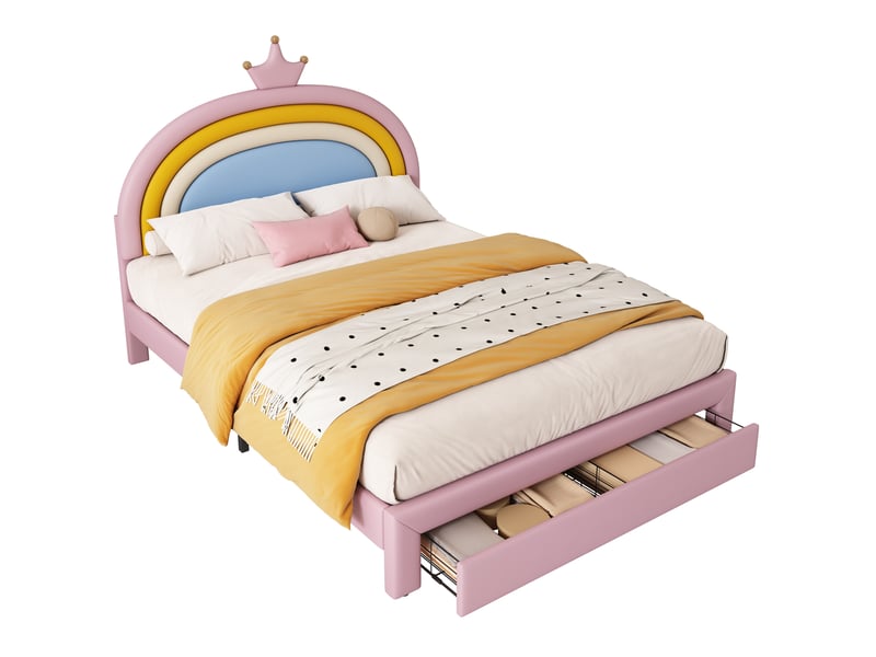  Lit enfant 140x200 cm, lit 2 places avec tiroir, tête de lit arc-en-ciel réglable polyuréthane couleur rose sans matelas  - Conforama A