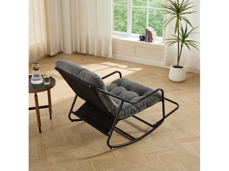  Fauteuil à bascule extérieur en acier noir avec coussin gris épais réglable, 75 × 116 × 82 cm, pour terrasse  - Conforama E