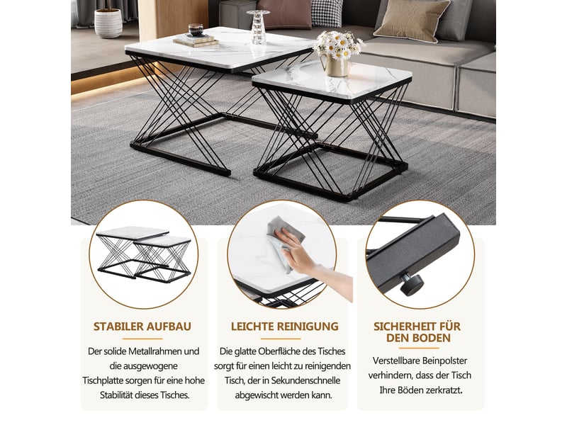  Ensemble de 2 tables basses carrées effet marbre brillant, 60x60x45 cm et 45x45x40 cm, pieds réglables, capacité 30 kg  - Conforama D