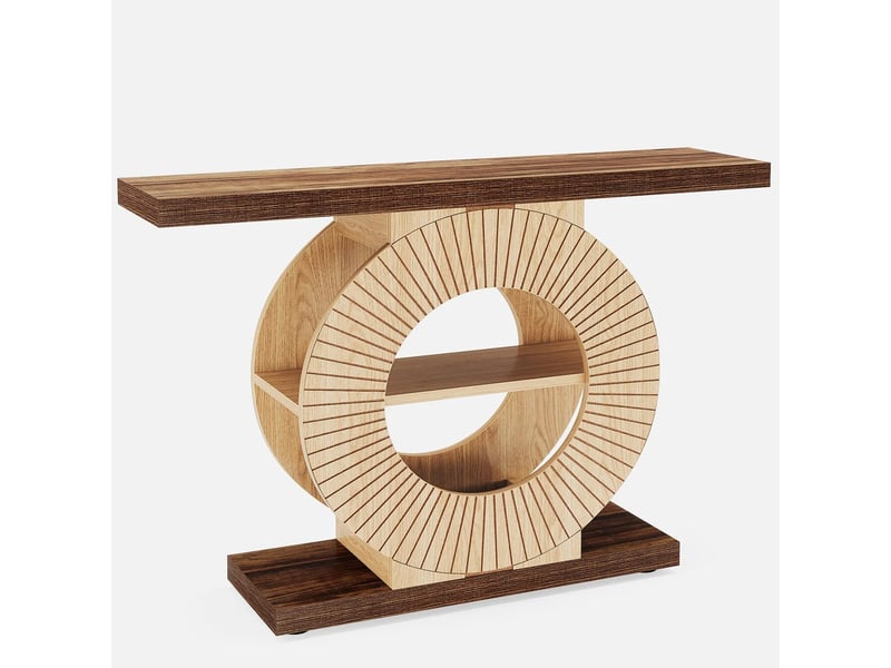  Console en bois brun avec 3 niveaux et base ronde pour entrée et salon, style campagne et rangement d'appoint  - Conforama A