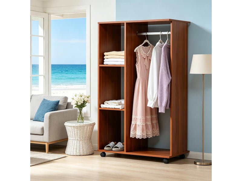  Armoire mobile avec penderie, 3 niches, 4 roulettes verrouillables en panneaux de particules noyer 80 × 40 × 128 cm  - Conforama D