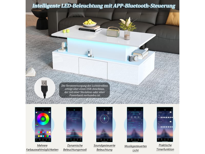  Table basse relevable 100x50x40 cm avec 4 tiroirs et rangement caché, finition brillante, led contrôlable par app, mdf blanc  - Conforama R