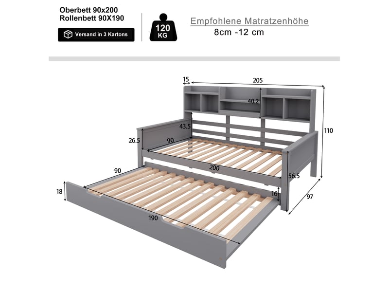  Lit d'appoint en pin gris 90x200 cm, couchage 90x190 cm, compartiments et sommier à lattes  - Conforama B