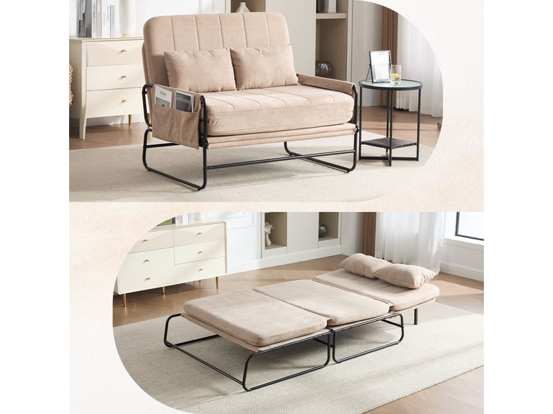 Canapé convertible 2 places en tissu chenille kaki avec cadre métal noir industriel et rangement latéral  - Conforama B