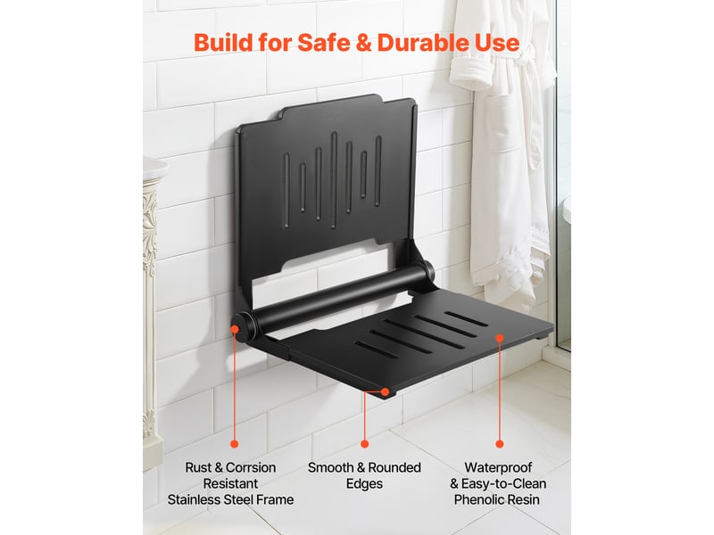 Vevor siege de douche rabattable mural, tabouret de salle de bains avec dossier, plastique et cadre en acier inox, chaise de douche antiderapante pour personnes âgees handicapees, charge 180 kg, noire - Conforama C