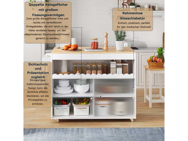 Îlot de cuisine mobile 122 × 46(69) × 91 cm blanc et naturel, mdf, plateau rabattable chêne, portes coulissantes en verre - Conforama C