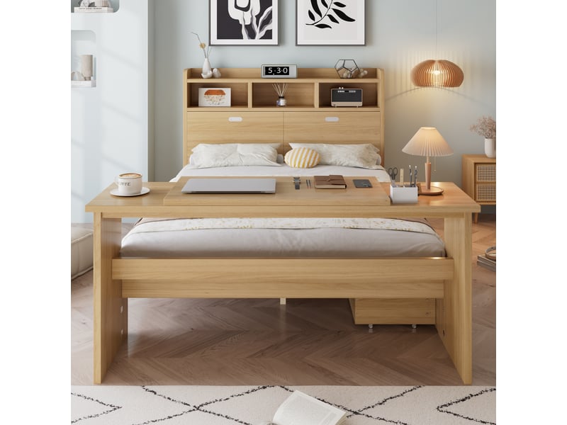  Lit enfant avec rangement, tête de lit étagère, tiroir et table pliante réglable, 140 x200cm, bois naturel  - Conforama E