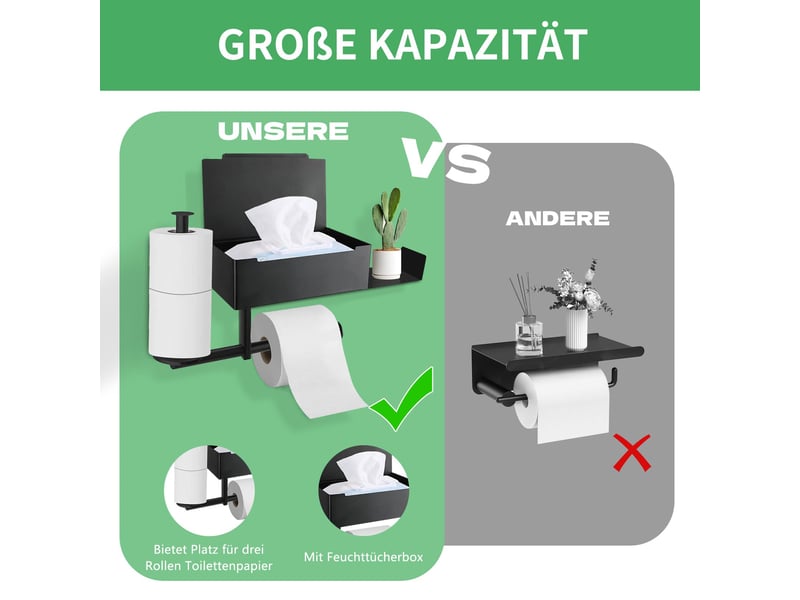  Porte papier toilette, toilette mural sans perçage avec étagères et boîte à lingettes humides, support 2 rouleau pour salle de bain cuisine  - Conforama D