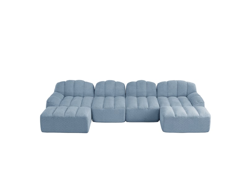 Canapé modulable u ulevr 4 places avec 2 poufs, tissu bouclette bleu, 366 x 165 x 79 cm  - Conforama A