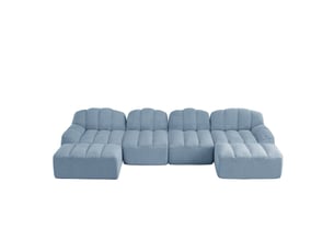 Canapé modulable u ulevr 4 places avec 2 poufs, tissu bouclette bleu, 366 x 165 x 79 cm