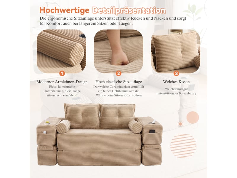  Canapé convertible 2 places en velours côtelé kaki avec tiroir de rangement et porte-gobelet  - Conforama D