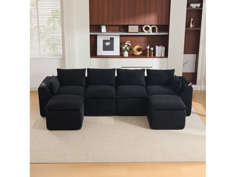  Canapé modulable 4 places en velours côtelé noir avec 2 poufs  - Conforama C