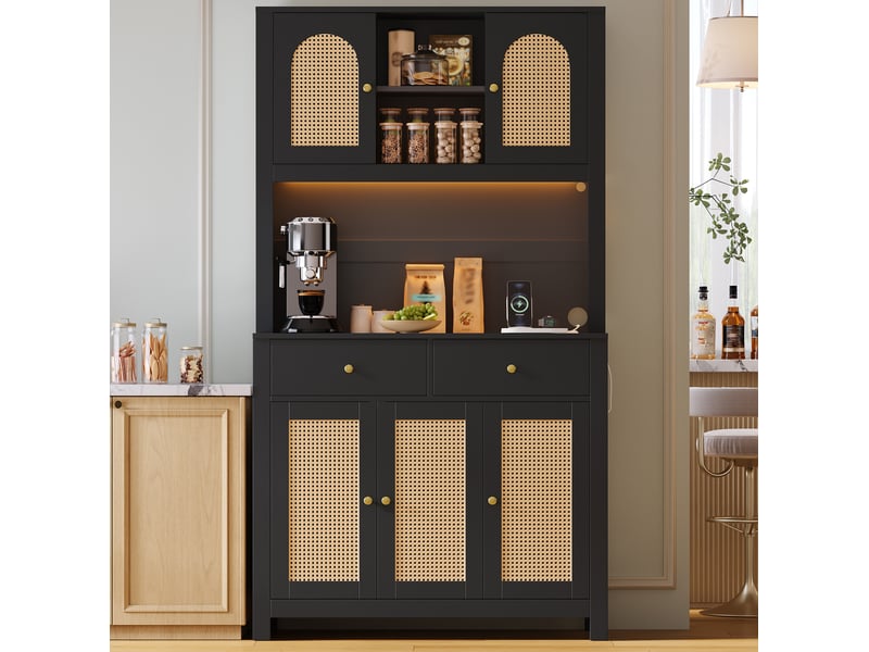 Buffet haut de cuisine 100 x 40 x 180 cm – noir – éclairage led rgb, 5 portes en rotin, 2 tiroirs et prises  - Conforama B
