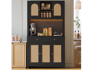 Buffet haut de cuisine 100 x 40 x 180 cm – noir – éclairage led rgb, 5 portes en rotin, 2 tiroirs et prises