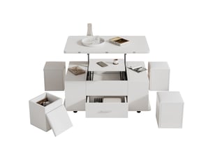 Table basse blanc, 1 tiroir et 4 tabourets rangement, plateau relevable avec roulettes, panneau de particules, 100x50x45 cm
