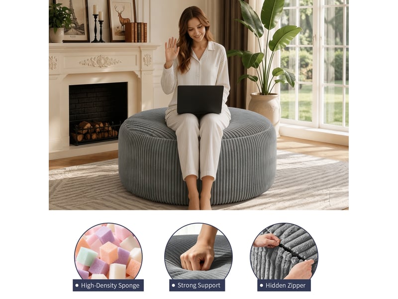  Fauteuil pouf rond avec garnissage en mousse à mémoire de forme pour salon en velours côtelé gris clair  - Conforama E