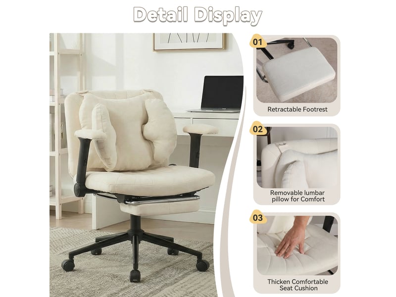  Chaise de bureau pivotante réglable avec repose-pieds - lpospi - soutien lombaire gonflable, tissu - beige  - Conforama E