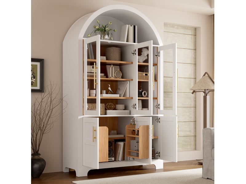  Buffet haut 6 portes avec vitrine 110x40x185 cm mdf et panneaux de particules blanc  - Conforama B