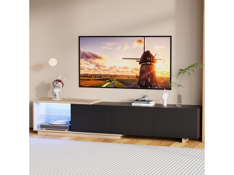  Meuble tv - 240x38x44cm - meuble tv moderne avec  extensible led, 3 tiroirs push-to-open &amp; capteur - noir et bois  - Conforama D