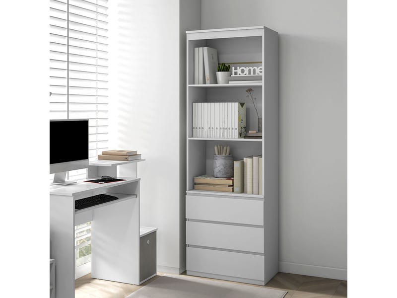 Bibliothèque haute de 180 cm avec 3 étagères et 3 tiroirs 60 x 35 x 180 cm en bois blanc  - Conforama C