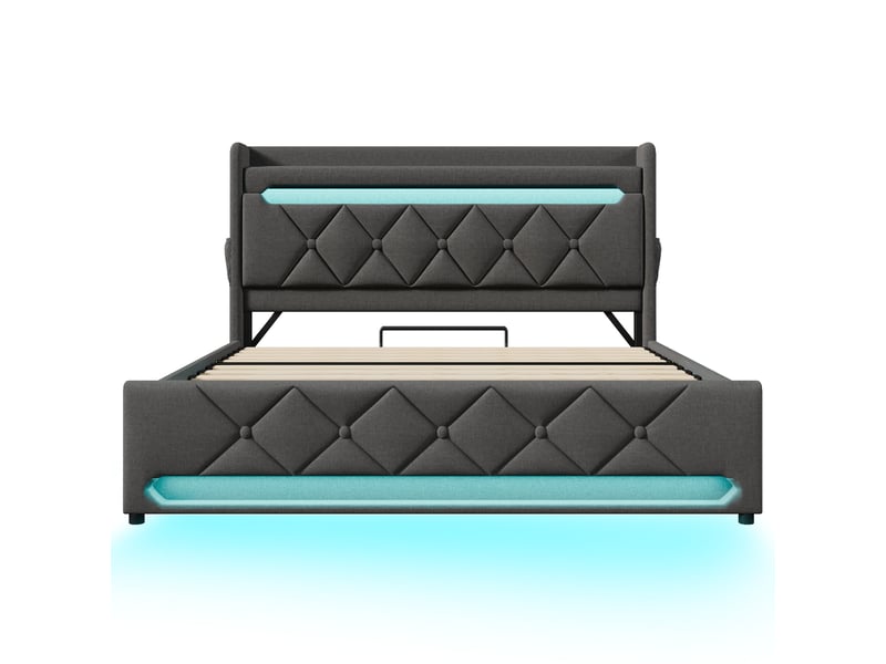  Lit coffre rembourré led 360° avec rangement et usb-c, gris, 140x190 cm Fay Lum - Conforama R