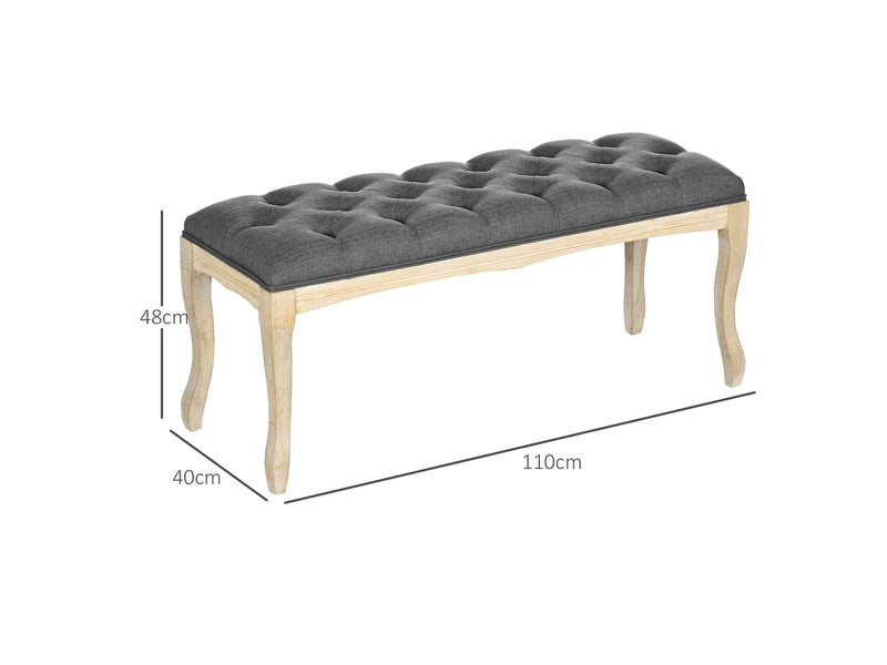  Banc banquette capitonnée style classique 110 cm bout de lit rembourrée en lin piètement bois hévéa sculpté lin gris  - Conforama E
