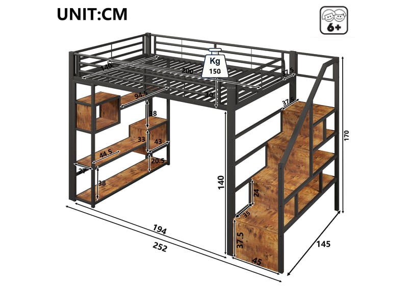  Lit mezzanine 140x200 cm, escalier intégré, rangement ouvert, led multicolore métal mdf noir sans matelas  - Conforama C