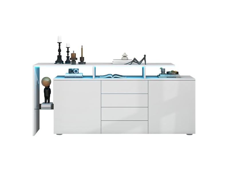  Meuble tv 160x35x70 cm blanc brillant, panneaux de particules et verre, avec led et 4 tiroirs  - Conforama A