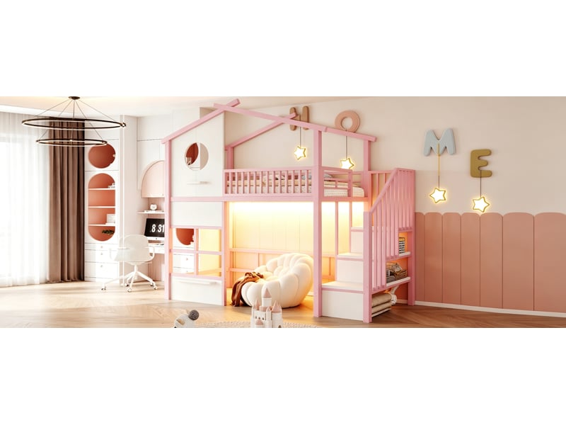  Lit mezzanine enfant simple 90×200 cm, escalier avec rangement et led - okmyhome- métal rose et blanc, sans matelas  - Conforama E