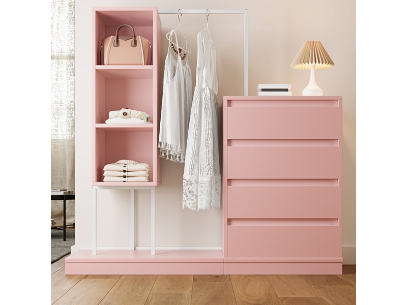  Armoire ouverte avec 4 tiroirs, étagères et penderie 140 x 40 x 135 cm rose  - Conforama E