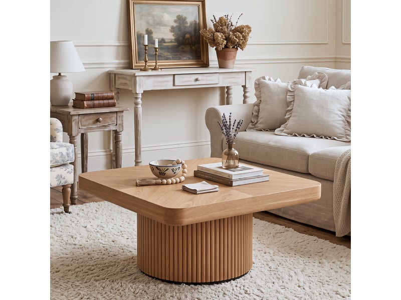 Table basse carrée 78x78x38 cm, plateau épais aux bords arrondis, pied cylindrique cannelé, bois massif et mdf, à associer par deux - bois naturel - Conforama B