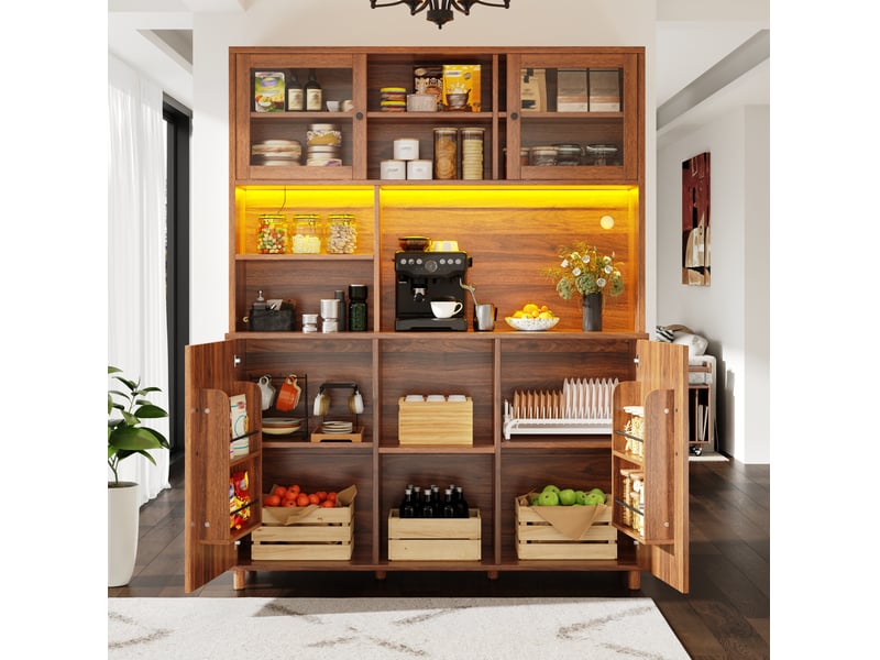  Armoire haute 120x40x185 cm, avec led, buffet de cuisine, portes coulissantes en verre, style rétro, mdf, coloris noyer  - Conforama D