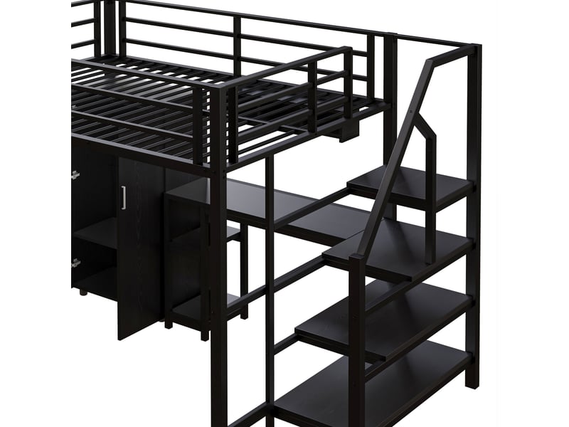  Lit superposé noir 140x200 cm avec armoire, étagères, échelle de rangement et bureau - sans matelas  - Conforama E