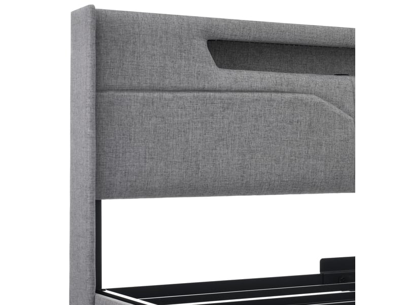  Lit coffre 135 x 190 cm, tête de lit rembourrée, led réglable, gris lin  - Conforama B