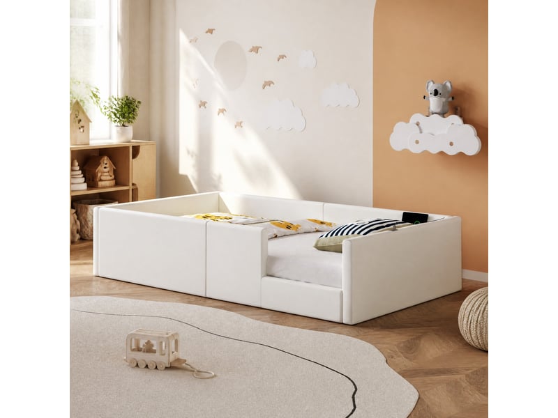  Lit simple 90x200 cm rembourré blanc avec barrière et station de charge  - Conforama B