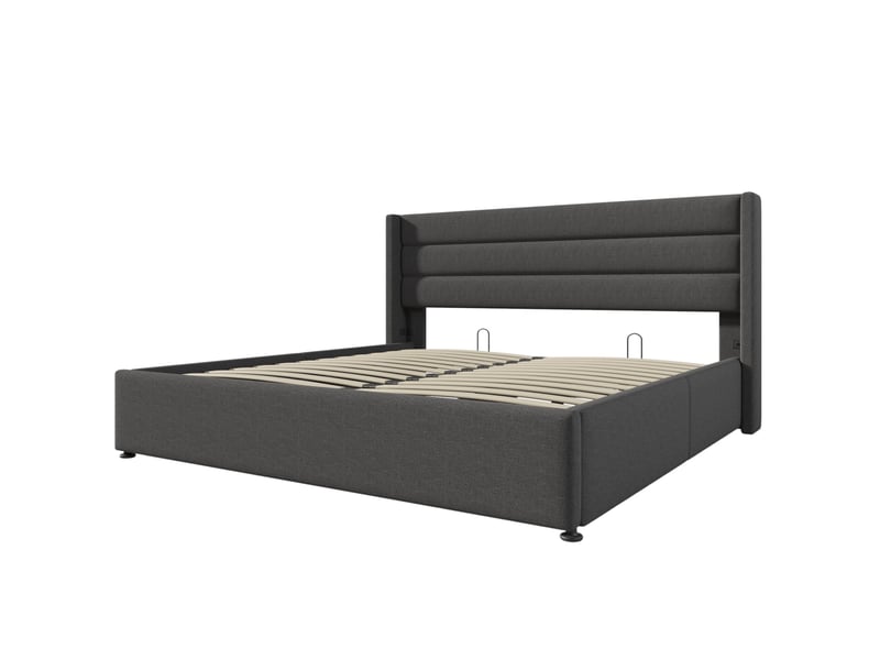  Lit coffre 160x200 cm rembourré en lin avec sommier à lattes et rangement hydraulique, gris Fay Lum - Conforama A