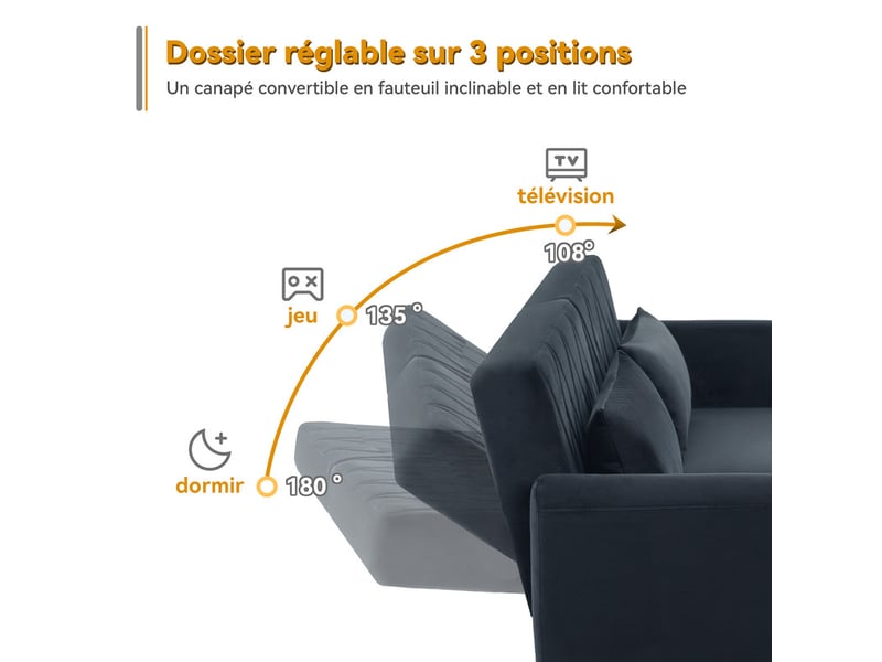  Canapé convertible en velours noir - avec 2 oreillers - réglable de accoudoirs et dossier - pieds en bois massif - 180x75x82cm 180x75x82cm - Conforama D