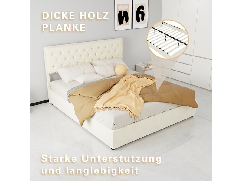 Lit 160x200 cm en tissu et métal avec rangement beige chicfurn - Conforama A