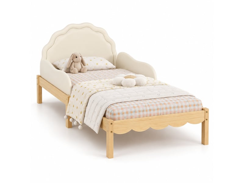 Lit enfant rembourré 90 x 200 cm avec tête de lit en pu, barrières latérales, sommier à lattes, beige et naturel - Conforama A