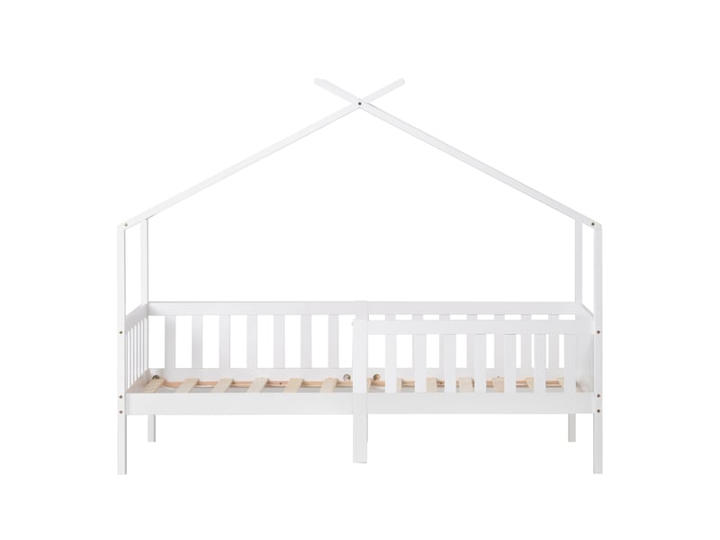  Lit cabane enfant 90 x 200 cm en bois massif avec barrière et sommier a lattes, lit 1 personne avec protection anti-chute, blanc  - Conforama W