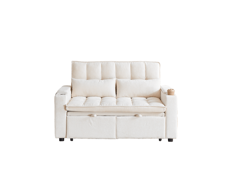 Canapé-lit 3-en-1 142 cm avec coussins moelleux, 2 coussins lombaires, tablette et porte-gobelet - Conforama A