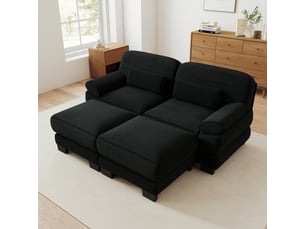 Canapé modulable 2 places en velours côtelé noir, avec 2 poufs, assise profonde, coussin lombaire, 194×161×94 cm